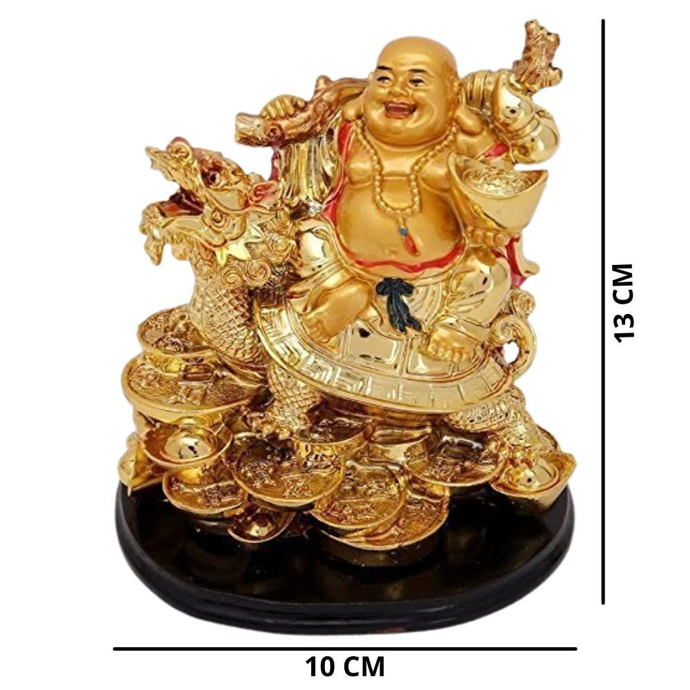 Polyresin Laughing Buddha On Dragon; 10x 13x 8 Cm; Gold; 1 Showpiece; Buddha; Dragon, Buddha,Dragon