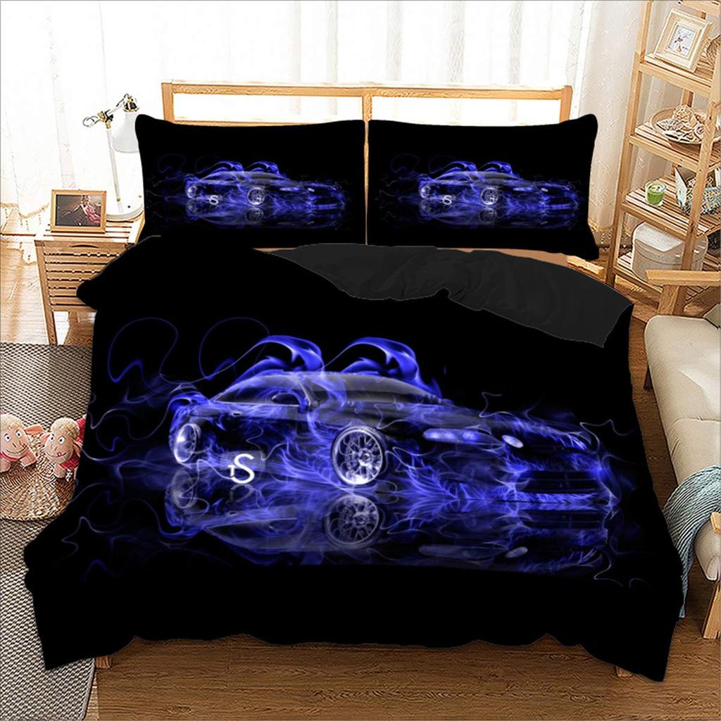 Sport Racing Car Duvet Cover Set Blue Race Car Bedding Set Full Size Boys Blue Flame Extreme Speed Sports Car Comforter Cover