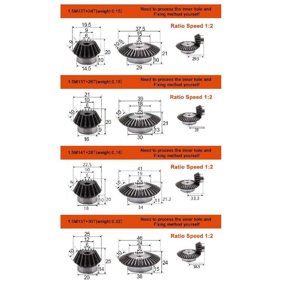 1 Pair Of 90-Degree Transmission Bevel Gears 1M15 Teeth + 30 Teeth Process Hole 6mm Precision Bevel Gear Ratio 1:2