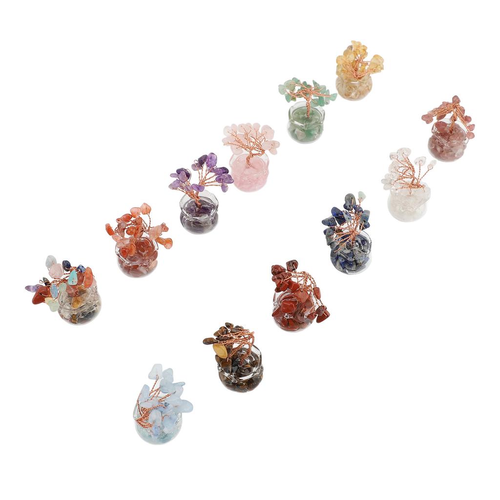 12PCS Mini Tree Figurine Crystal Leaves Glass Bowl Feng Shui Tree Ornament for Home Car Office Desk