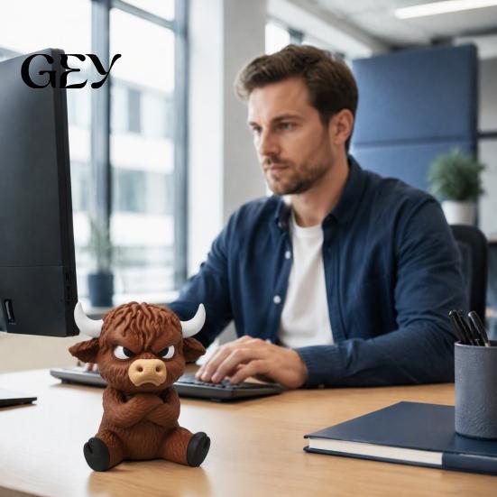 Collectible Cow Toy 3D Printed Angry Highland Figurine, Cute Attitude Animal Desktop Unique Statue Ornament, Sitting for Home Office Table Decor
