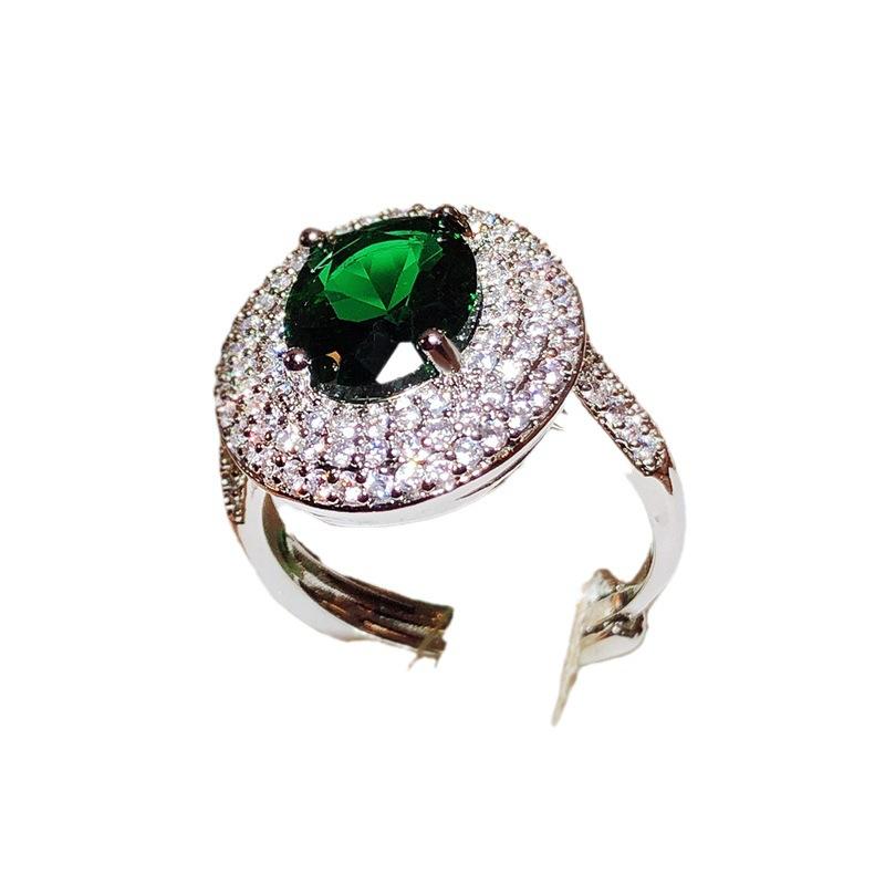 New High End Group Inlaid Zircon Temperament Emerald Emerald Simulated Green Tourmaline Color Treasure Open Ring for Women  Movable Finger Ring