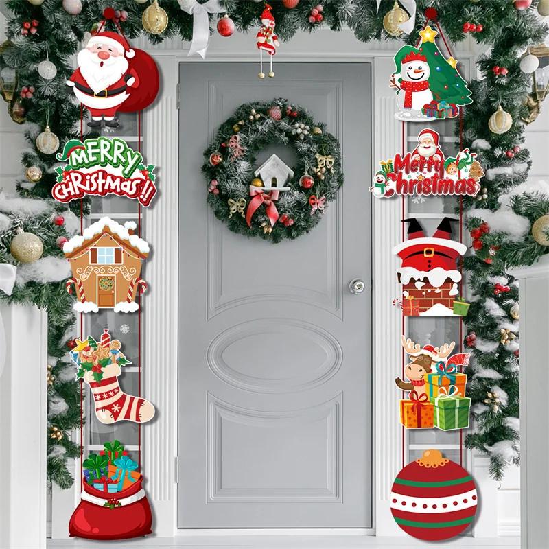 1pair Christmas Door Hanging Ornament Banner Cute Christmas Paper Pendant Flags for Home Decorations New Year Party Supplies