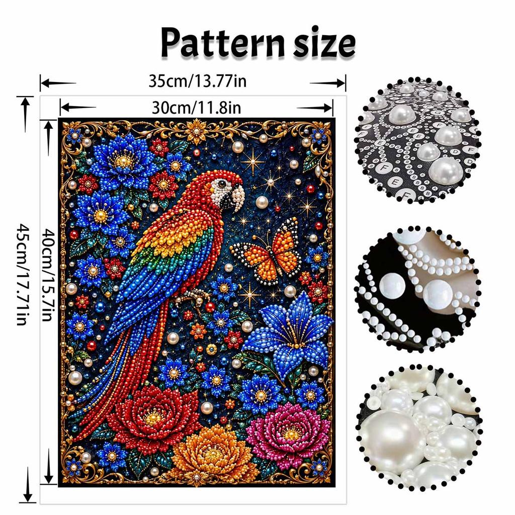 DIY Pearl and Diamond Painting Kit. suitable for beginners. vibrant parrot and floral wall decor. handmade gift.
