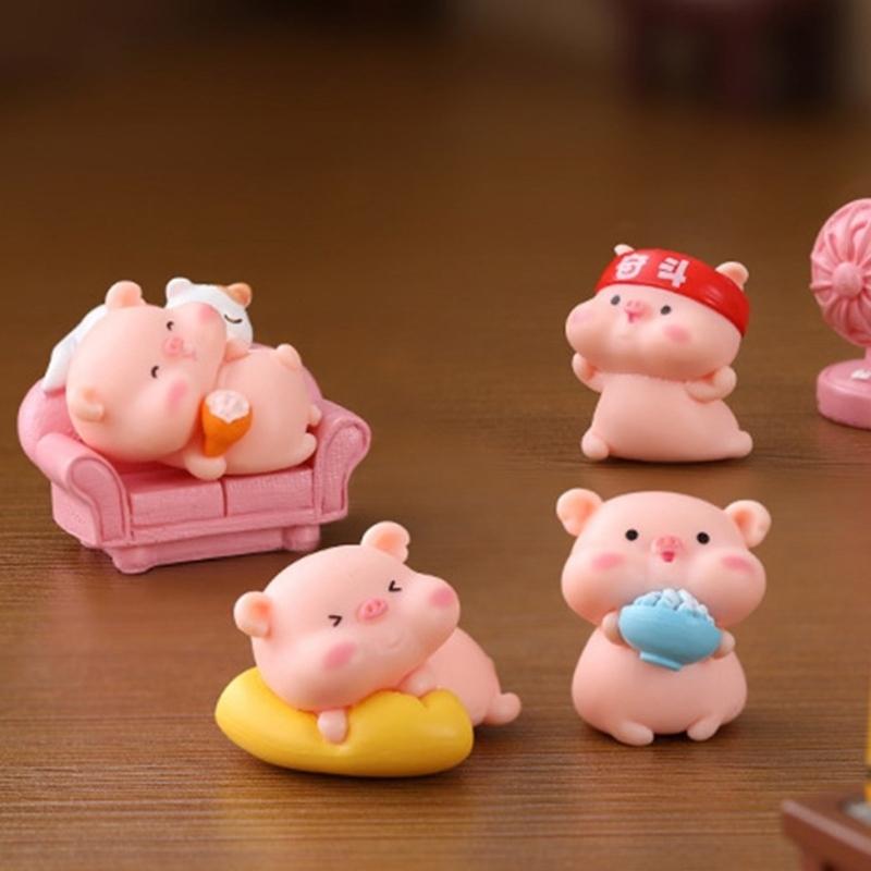 6Pieces Pink Pig Dolls Cartoon Animal Miniature Figurines for Car Rear View Mirror and Home Office Desktop Shelf Decors