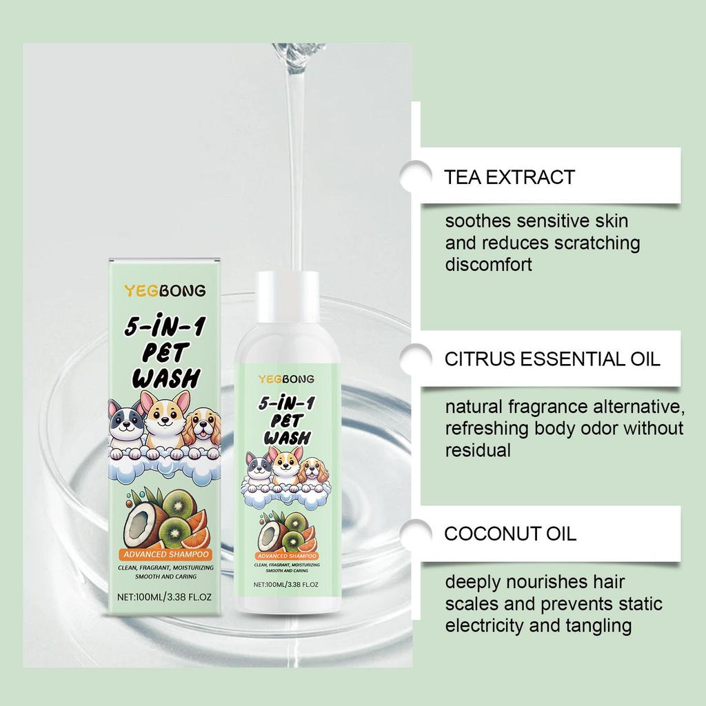 YEGBONG Шампунь для питомцев, Подходит для кошек и собак, Уход 5-в-1 с растительными экстрактами, Против спутывания и легко расчесывается, 100 мл