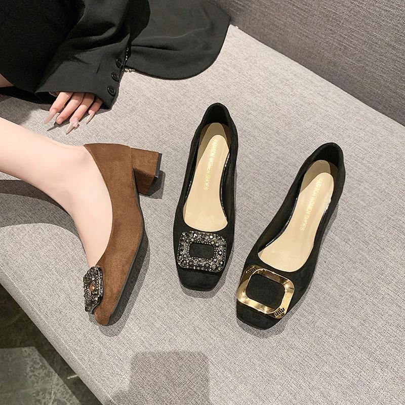 2024 Woman Square Toe Square Buckle Shoes Rhinestone Shallow Mouth High Heel Female Shoes Elegant French Suede Shoes