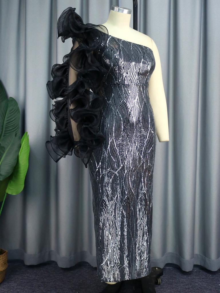 AOMEI Платья с пайетками для женщин, элегантное вечернее платье на одно плечо с оборками и сетчатыми рукавами, макси-платье с высокой талией, вечернее коктейльное платье класса люкс