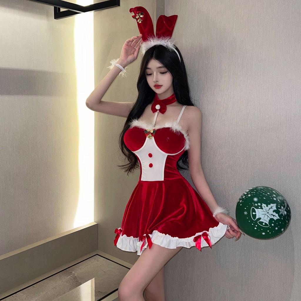 Seductive Red Christmas Lingerie Dress with Bunny Girl Accessories
