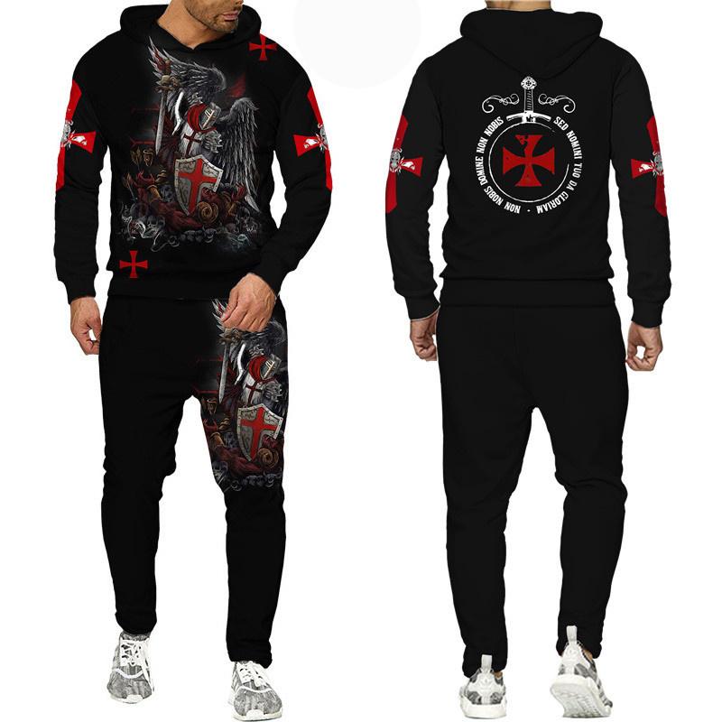 Новейшая толстовка с 3D принтом рыцарей тамплиеров/набор в стиле Харадзюку, уличная одежда в стиле хип-хоп, костюм, крутые мужские толстовки + брюки, спортивный костюм, комплект