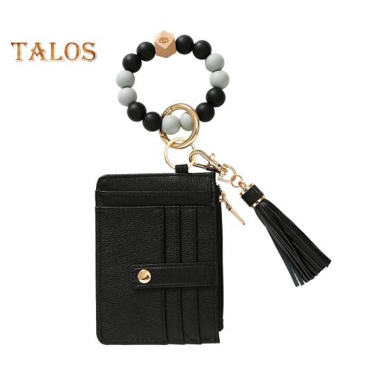 Брелок на запястье с блокировкой RFID и 6 отделениями для карт, браслет с кисточками и бусинами, брелок из искусственной кожи
