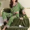 Женский пижамный комплект с большим воротником, зеленый кардиган, домашняя одежда, из двух частей, с длинными рукавами, женская пижама из ледяного шелка, весна-осень