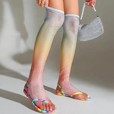 Сетчатые женские дизайнерские босоножки с застежкой-молнией на плоской подошве с кристаллами, туфли выше колена, женская трендовая обувь 2024 года, осенняя сексуальная обувь, платье Mujer Zapatillas