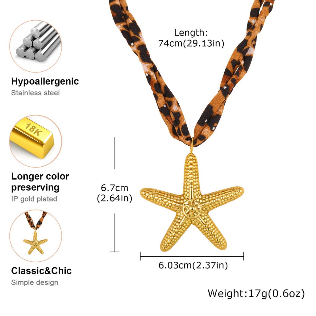 Fashion Creative Leopard Print Velvet Chain Necklace Stainless Steel Starfish Pendant Neck Choker Charm Jewelry for Women