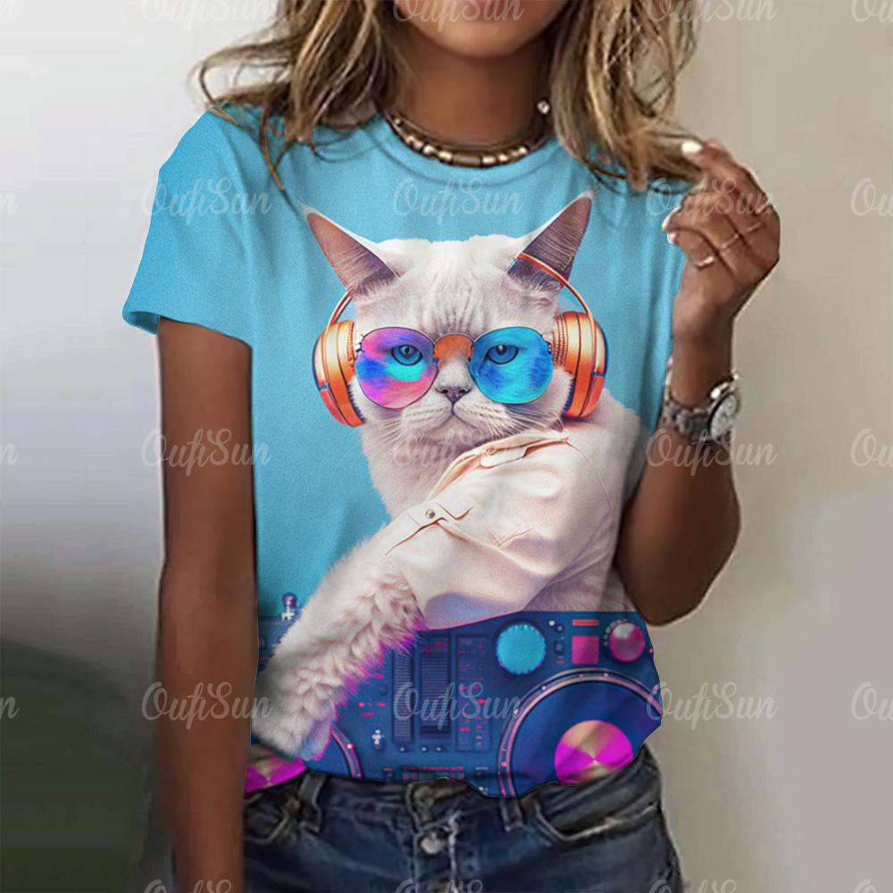 Summer Women's T-Shirt Rock Cat Printed Short Sleeve Female T-Shirt Hip Hop Fashion Couple Loose Street Style Y2k Tops Clothing