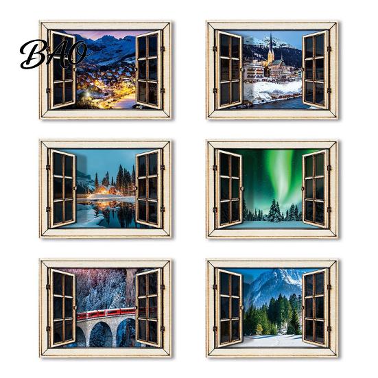 Nature View Fridge Magnet 1/6Pcs Fake Window Magnet, Wooden Natural Scenery Refrigerator Ornament Magnetic Decoration for Kitchen Office Whiteboard