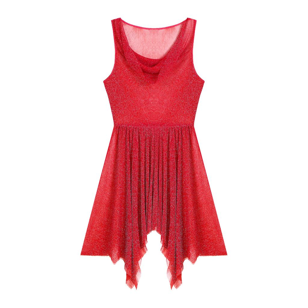 Женское блестящее танцевальное платье без рукавов, прозрачное асимметричное подол, лирические платья, танцевальная одежда