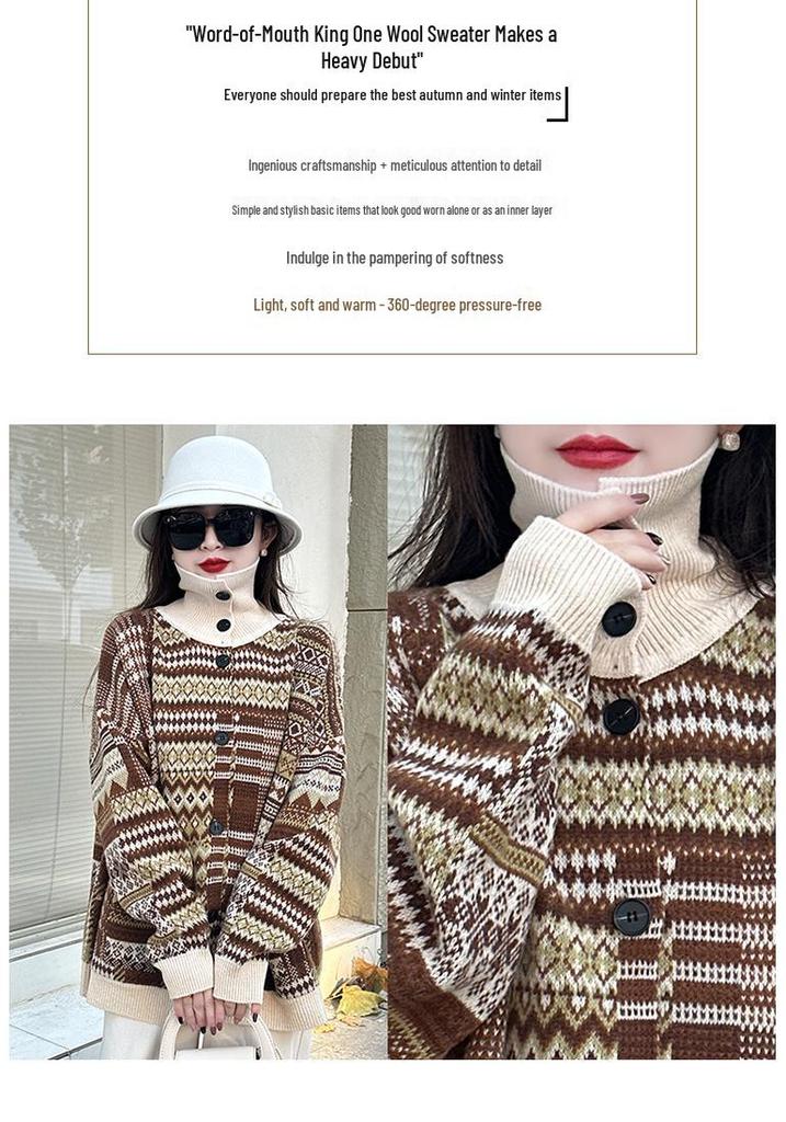 2025 Autumn/Winter Women's Japanese Retro Ethnic Knit Cardigan - Mid-Length, Printed, Comfortable Lazy Style Knitwear