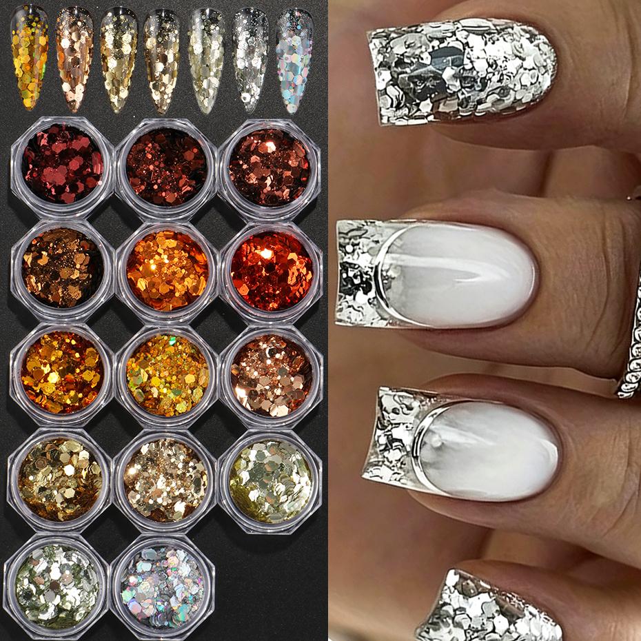 Xiaomi 14pcs Fall Hexagon Nail Sequins Holographic Red Golden Silvery Yellow Sparkly Nail Flakes Glitter for Autumn Winter Nail Charms