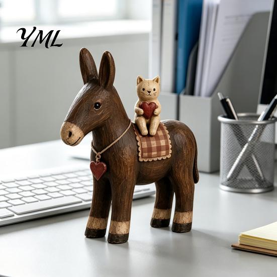 Vintage Style Collectibles Rustic Donkey Resin Figurine, Farmhouse with Cat Tabletop Pastoral Desk Accessories Decoration, Country Animal Statue