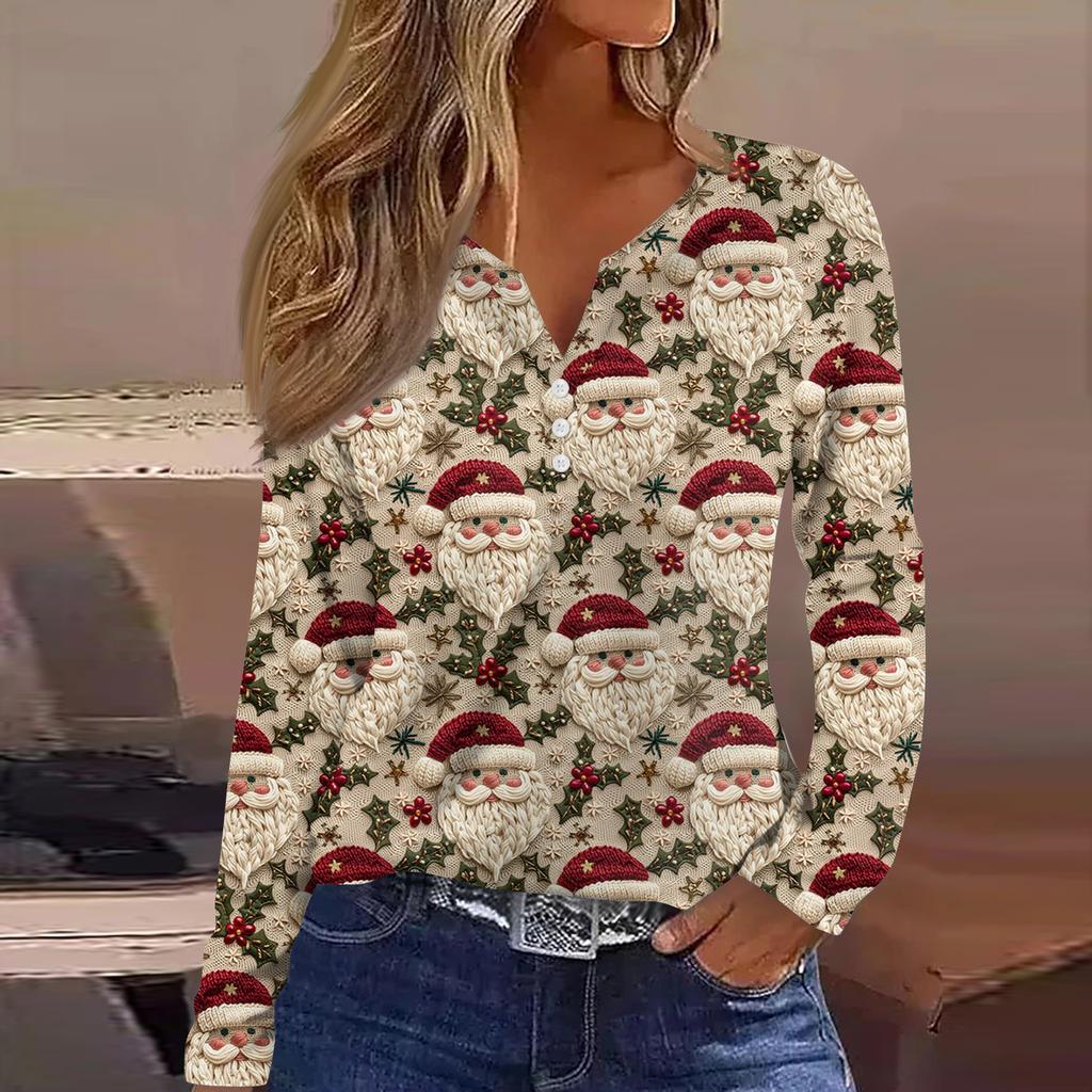 Women's Fashion Casual V-Neck Button-Up Long-Sleeve T-Shirt With Christmas Print Top