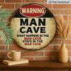 2D Flat, 1pc Vintage for Man Cave Warning Sign-7.87Inch Round Aluminum Wall Plaque with "What Happens in for Man Cave Stays in for Man Cave" Slogan