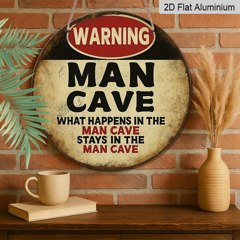 2D Flat, 1pc Vintage for Man Cave Warning Sign-7.87Inch Round Aluminum Wall Plaque with "What Happens in for Man Cave Stays in for Man Cave" Slogan
