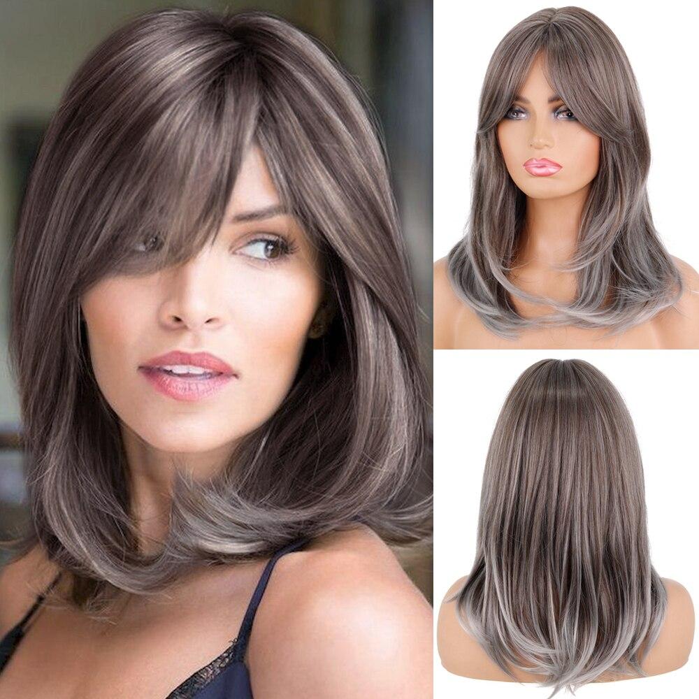 LISI HAIR Synthetic Wigs Long Straight Layered Hairstyle Ombre Black Brown Blonde Gray Ash Full Wigs with Bangs for Black Women