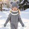 Thickened Warmth Set for Autumn Kids Winter Warm Knit Set, Bear Ear Hat, Fleece Lined Neck Gaiter & Five Finger Gloves Toddlers Full Gloves,