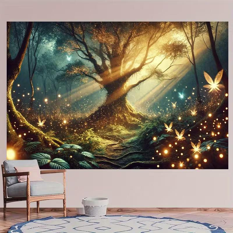 2D Magical Enchanted Forest with Glowing Tree and Fireflies Backdrop