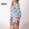 Sleep Suit 2Pcs/Set Women Christmas Satin Pajamas Set, Button Up Long Sleeve Shirt Elastic Relaxed Fit Leisure Set Waist Shorts Santa Claus