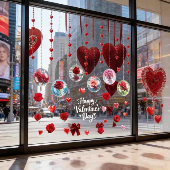 Окна ко Дню святого Валентина Наклейки Цветок Розы Сердце Статичные ПВХ Наклейки на Оконное Стекло Многоразовые Двусторонние Статические Наклейки для Свадьбы Годовщины Дома