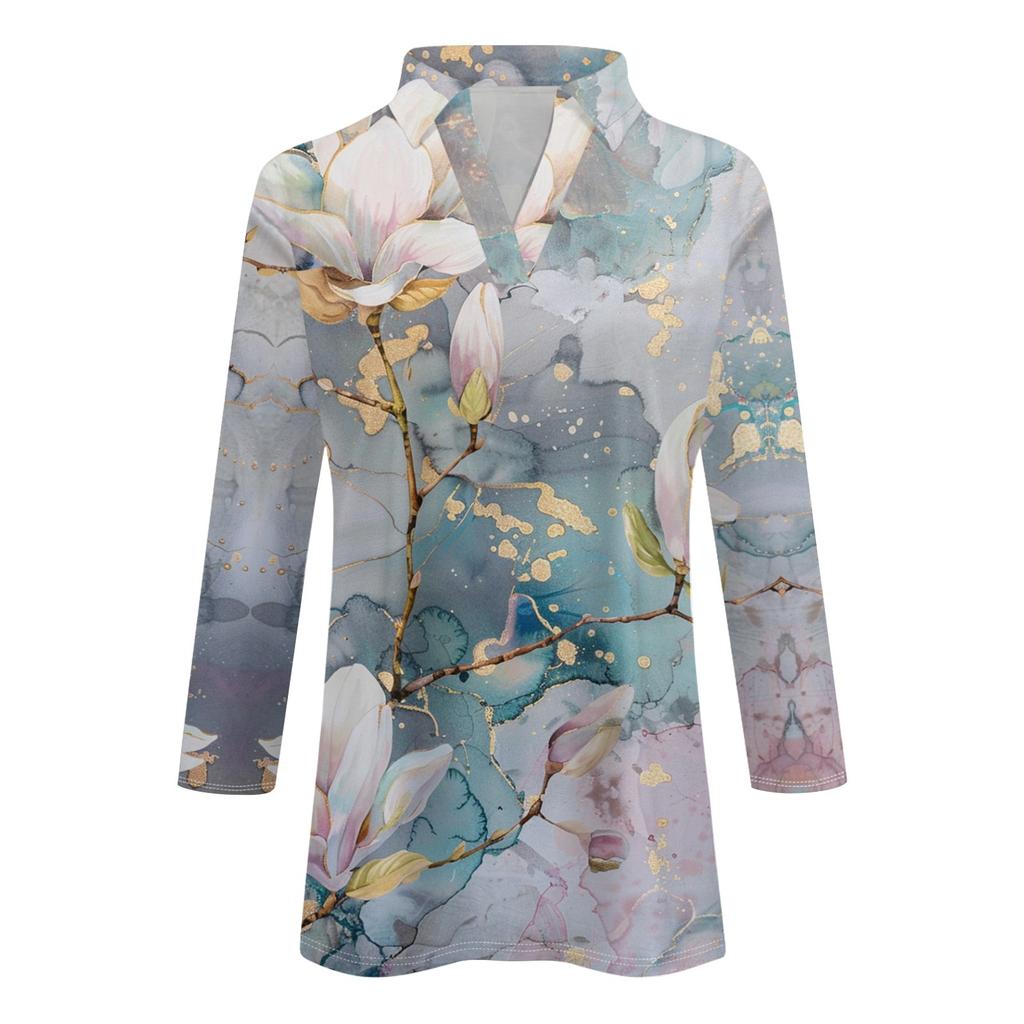 Женская летняя модная повседневная рубашка с v-образным вырезом и рукавами три четверти с принтом, топ