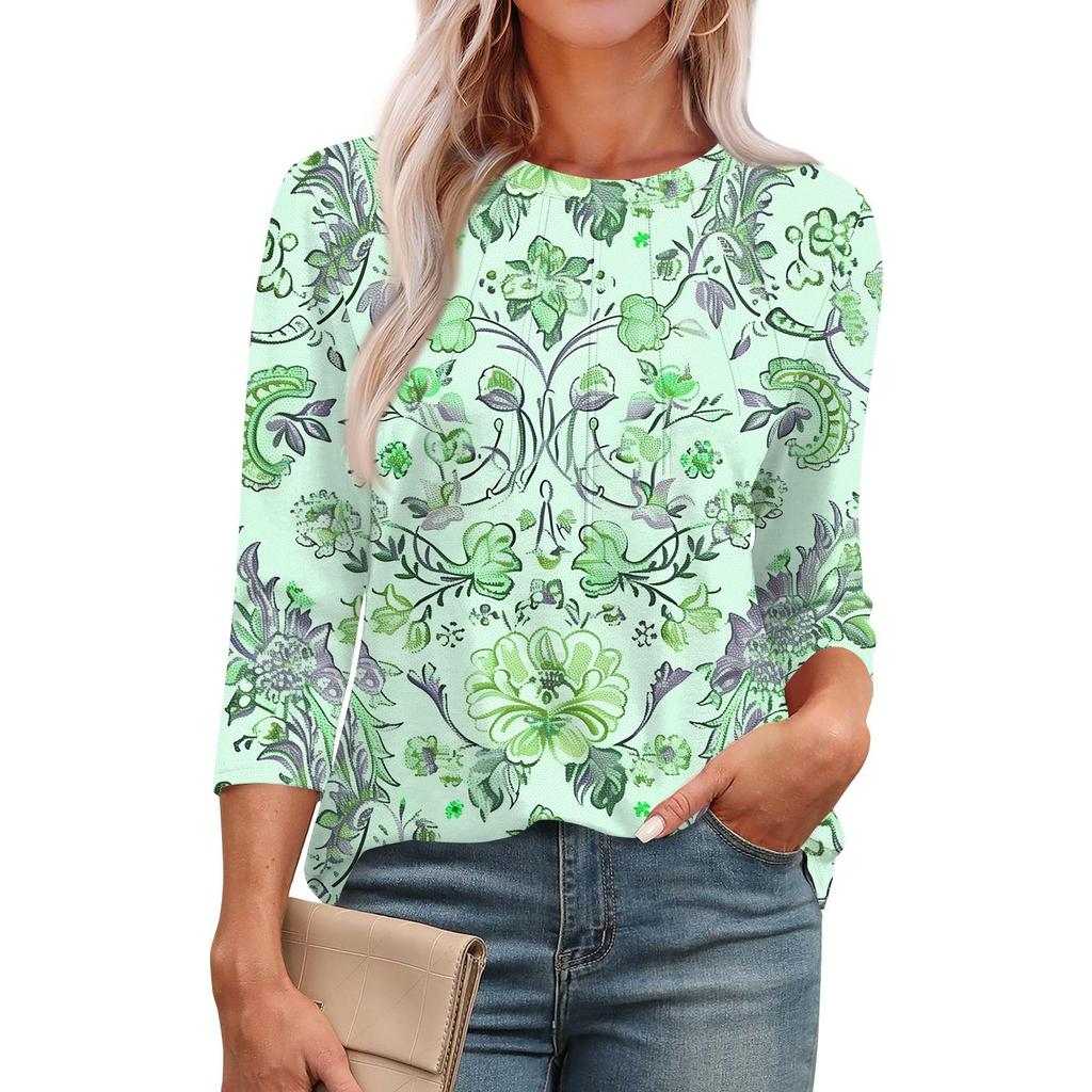 Женская модная повседневная футболка с круглым вырезом и рукавом семь четвертей в стиле ретро с принтом, плиссированная футболка