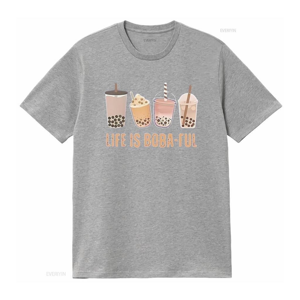Life Is Boba Ful T Shirt For Women Cute Pearl Milk Tea Pattern Casual Funny Tops Lover GifT vintage Washed Versatile