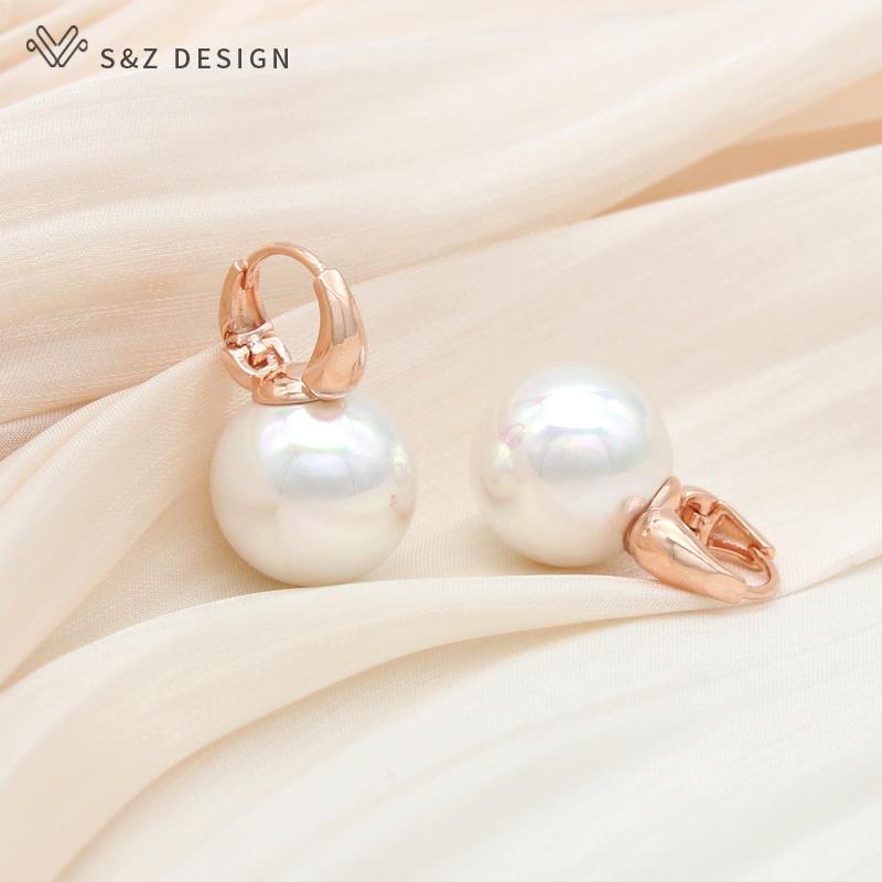 Fashion Round Simulated-pearl Drop Earrings For Women Girl Elegant Wedding Party Jewelry Rose Gold Color Stylish Eardrop Fine Gift