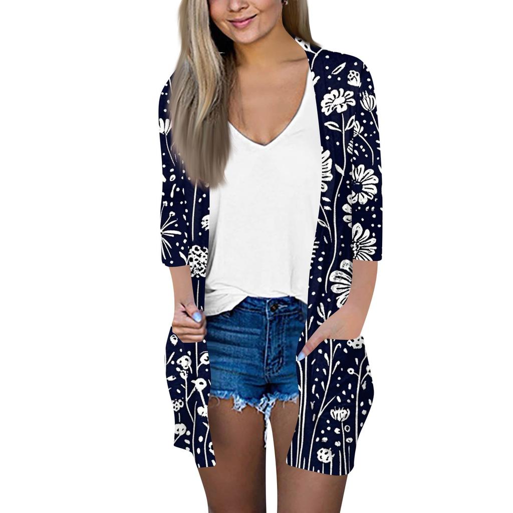 Женский модный свободный повседневный кардиган с принтом и карманами, куртка с рукавом семь восьмых, топ