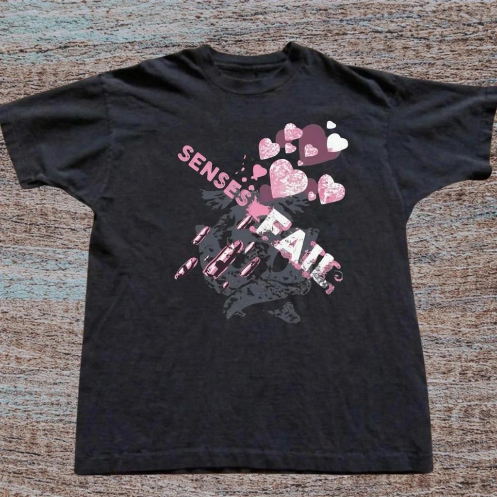 Senses Fail Hearts Black Graphic Tee Unisex Emo Streetwear Vintage Cotton
