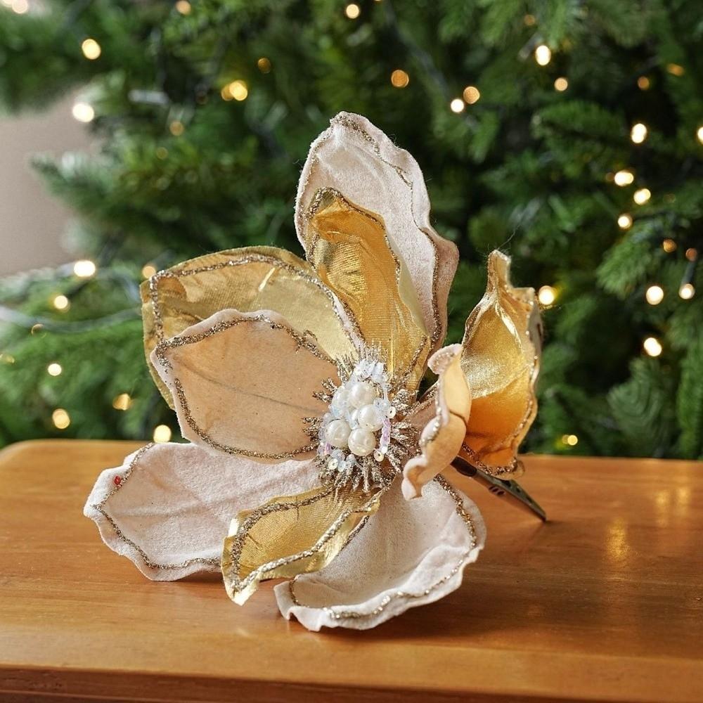 Realistic Artificial Christmas Poinsettia Flocking Glitter Christmas Flower Stem Home Decor