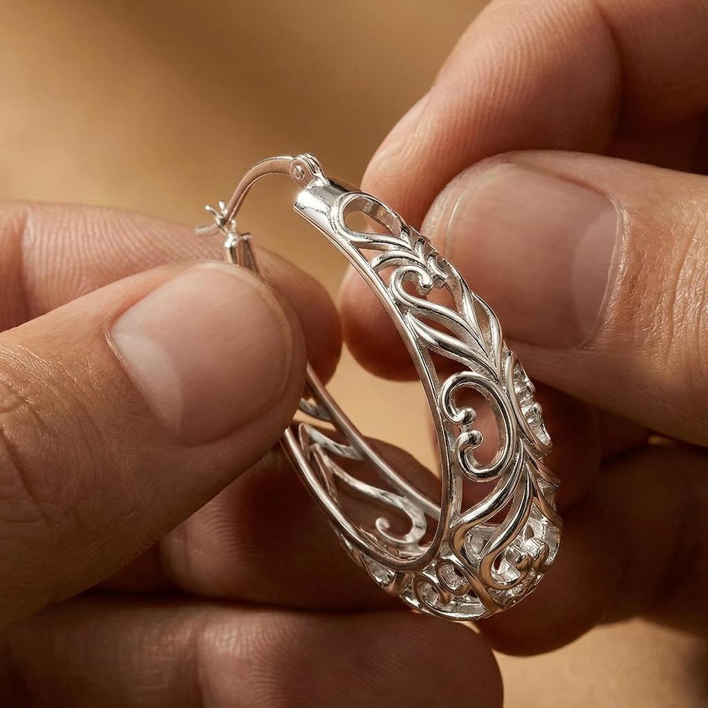 Серьги-кольца LeCalla из стерлингового серебра 925 пробы | Женские ажурные серьги-кольца | Открытые серьги-кольца с филигранным плетением | Легкие и гипоаллергенные