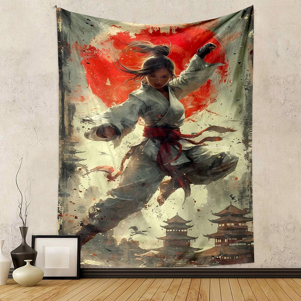 Karate Warrior with Rising Sun Backdrop Patterned tapestry home decor, suitable for bedroom and living room, gift