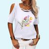 Women Fashion Round Neck Tee Shirt Summer Off Shoulder Short Sleeve Top Casual Floral Print T-shirt
