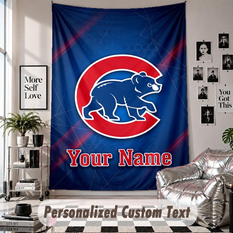 Wall Hanging Tapestry With Custom Name & Text, Chicago Cubs Decorative Tapestry For Bedroom
