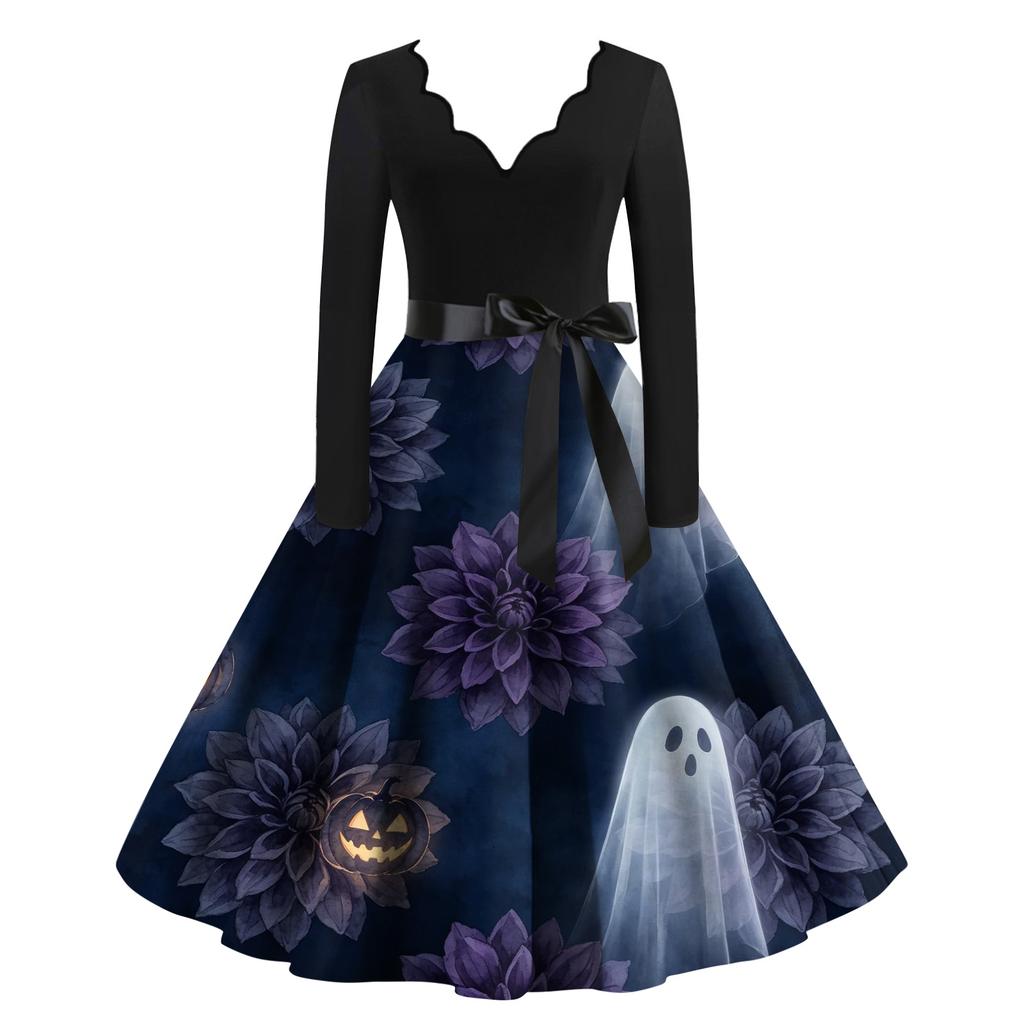Women's Halloween Printed Long Maxi Dress for Costume Party