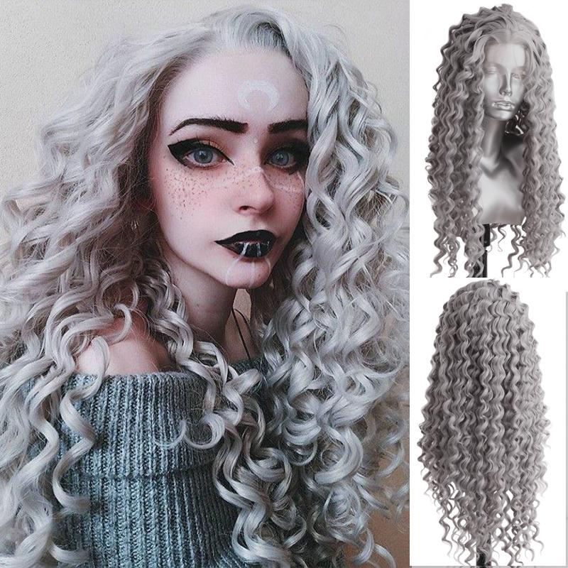 AIMEYA Synthetic Long Deep Wave Lace Front Wig for Women Grey Curly Free Part Natural Hairline Colorful Cosplay Daily Party Wigs
