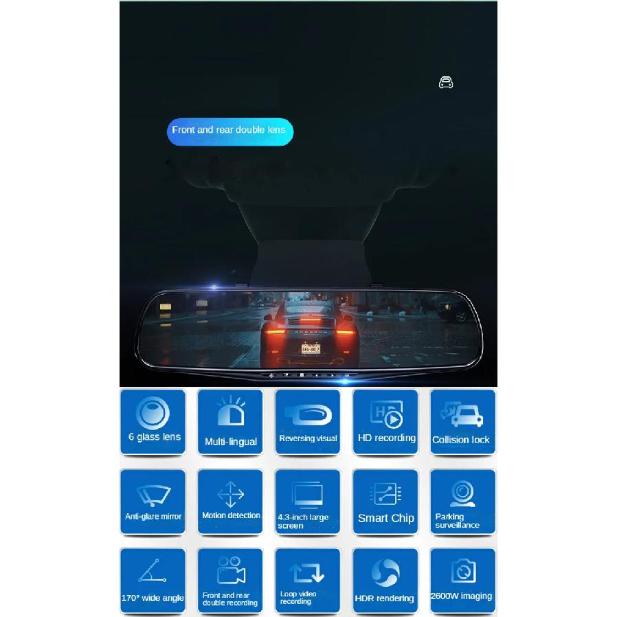 4.3 Inch Driving Recorder Car DVR Rearview Mirror Dual Lens Car Recorder 1080P IPS Front and Rear Camera Registrar Black Box New