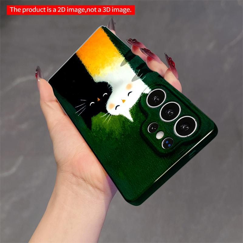 2DFlat Samsung phone case Whimsical White & Black Cats Embrace on Green Canvas Applicable to Galaxy S23 S24 S25ULTRA S26 A12 A14 A15 A16 A54 A55