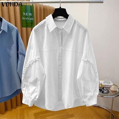 Женская повседневная блузка с круглым вырезом, оборками, длинными рукавами, однотонная, свободного кроя