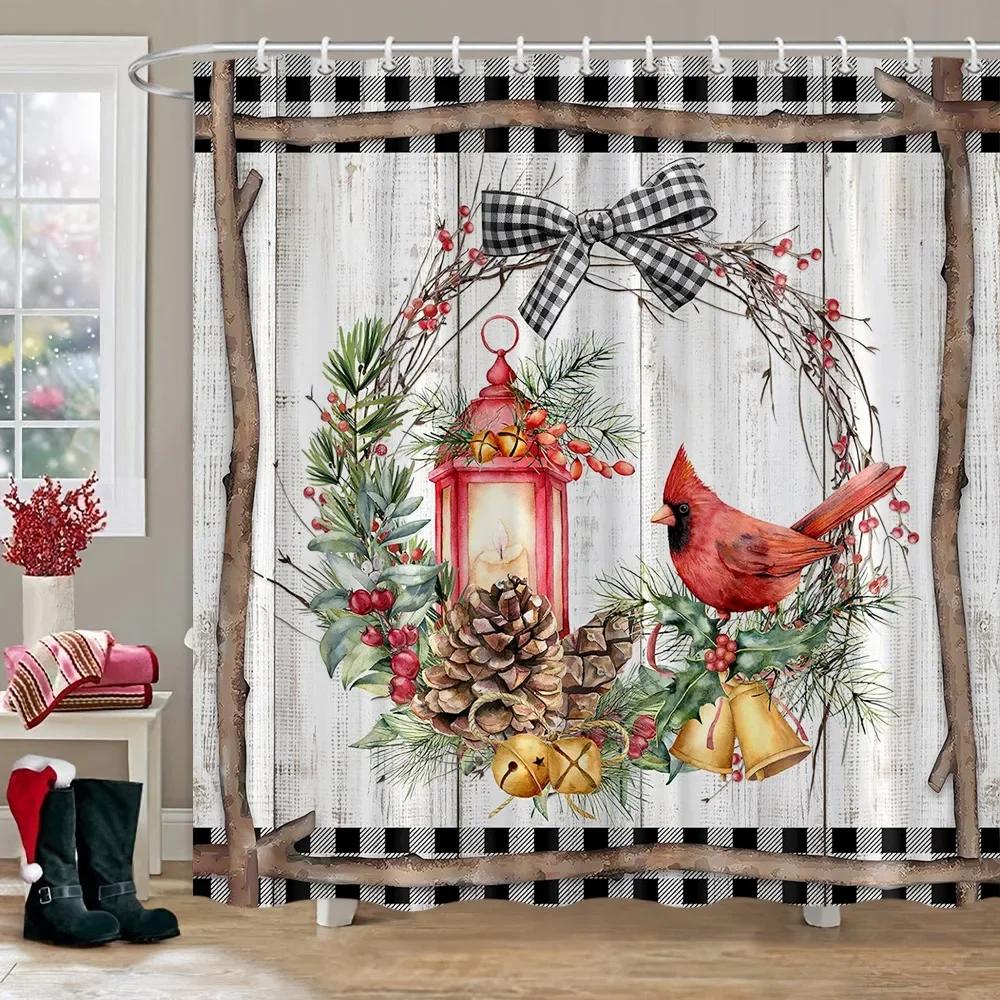 Merry Christmas Shower Curtain Winter Red Truck Snowman Reindeer Snow Farmhouse Shower Curtain Washable Polyester Bathroom Decor