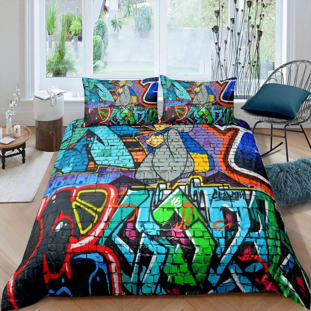 Rock Music Graffiti Duvet Set, Hip Hop Art Bedroom Supplies Quilt Set Three-Piece Set